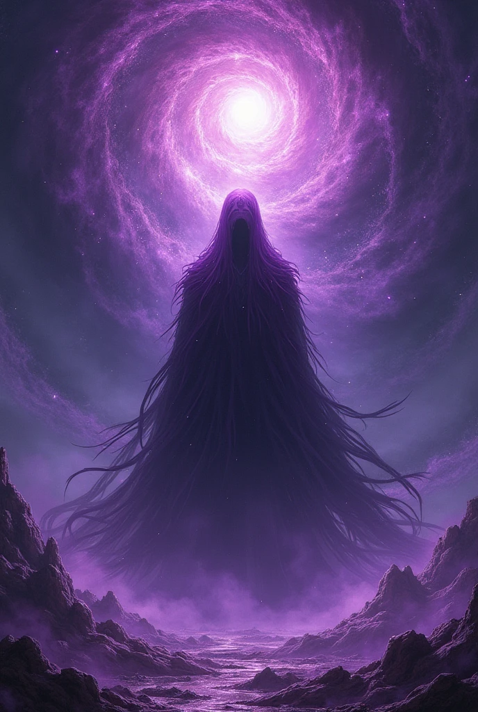 Image with a phrase in the center that Sukuna and the background all purple with details looking like a black hole