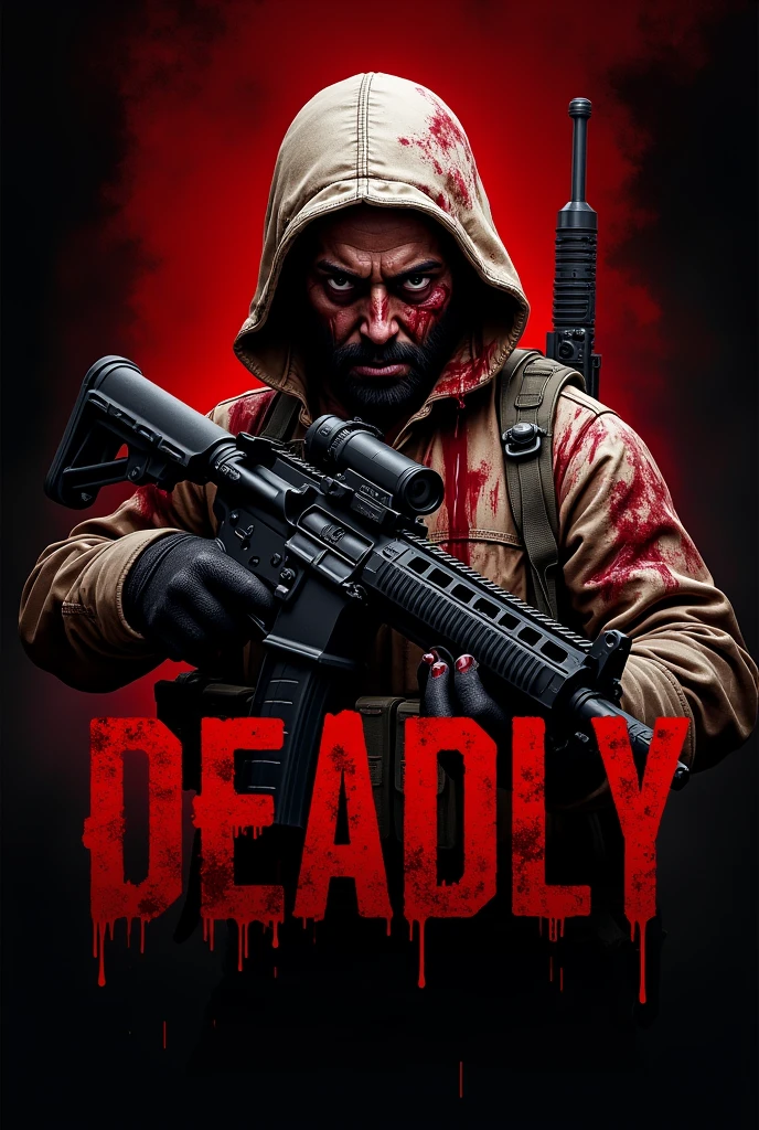 A scary wounded solder holding a m416 and the photo should be like logo of pubg a deadly type in red blood and blak theam a little closer






