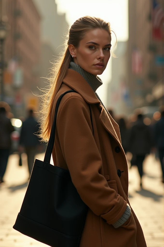 photo of an aesthetic woman in the streets of New York, she is wearing brown wool coat and a black simple cotton tote bag and turtleneck sweater, she has long hair pulled back into ponytail, she looks straight ahead with her head slightly tilted to left side, soft natural lighting, sunny day, natural colors, backlit, shot on Kodak Gold 400 film