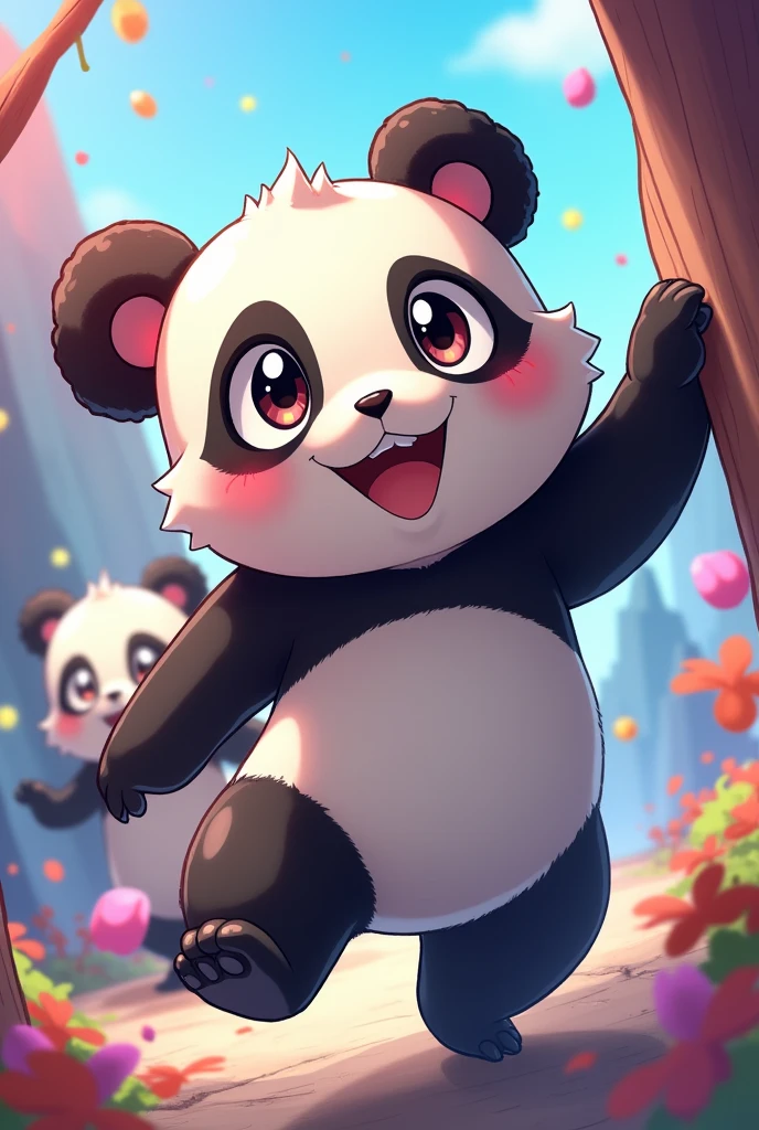 CREATE A PICTURE OF A PANDA BEHIND AND IN FRONT WITH THE NAME NOKERDS MODS ANIME MODEL