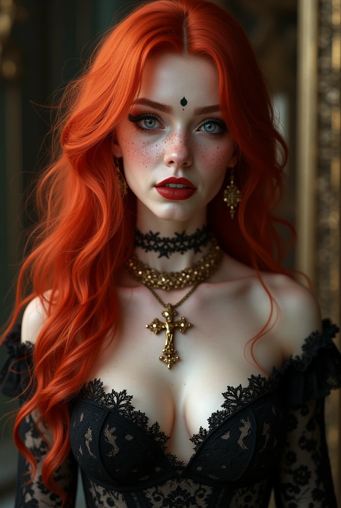 An incredibly beautiful toreador vampire, her hair is extremely red and her skin is white and delicate, she also has a lot of freckles, She is a powerful 6th generation vampire, She is Catholic and always wears her beautiful crucifix and heart necklace which is a gift from her beloved., she likes jewelry and high heels 