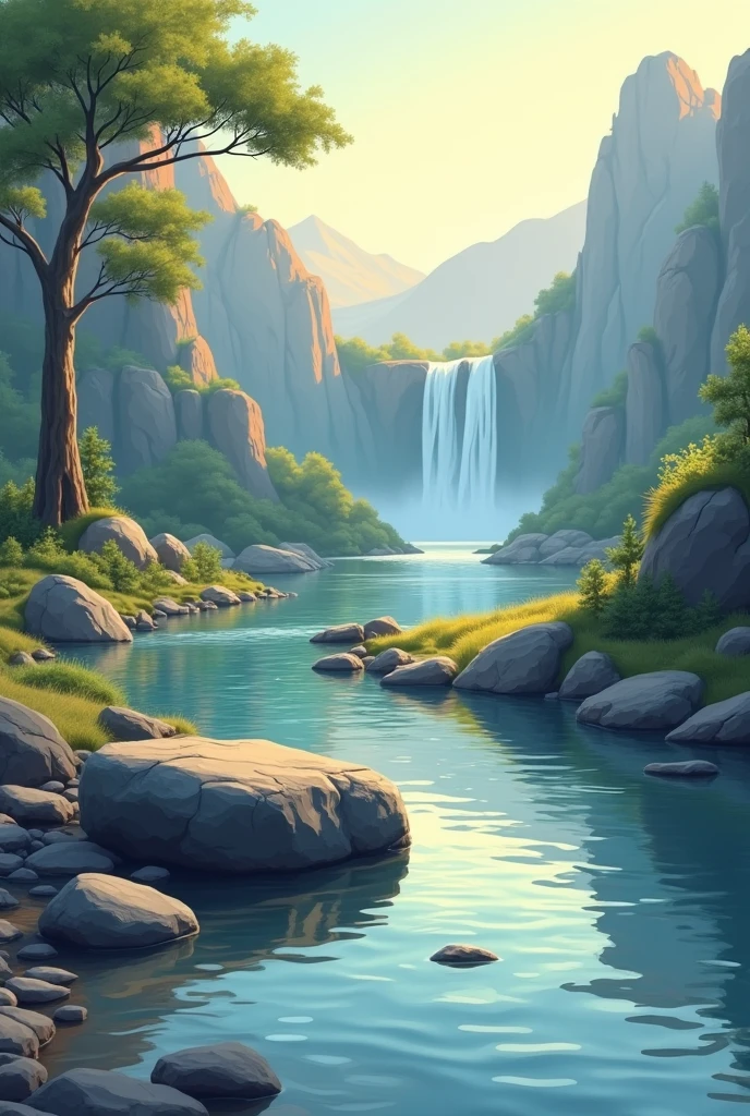 the stone beside of the stream. Stream flowing left to right. The morning sun is shining. The water falls is staying on the mountain a little bit far. A vector image for illustration.