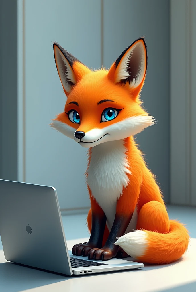 Smart Fox: A fox with a laptop, symbolizing intelligence and adaptability in the modern world. (colors: azul e amarelo) (PICTURE REALISTIC)