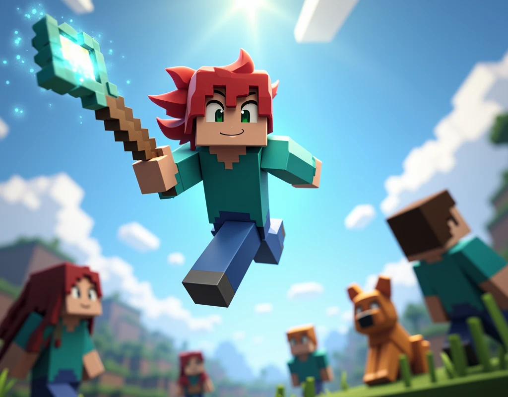 We need an image of Alex from Minecraft flying in the sky with a magic wand Minecraft high quality image aur kuch entity jamin se use flying kerte hue dekh rhe ho 