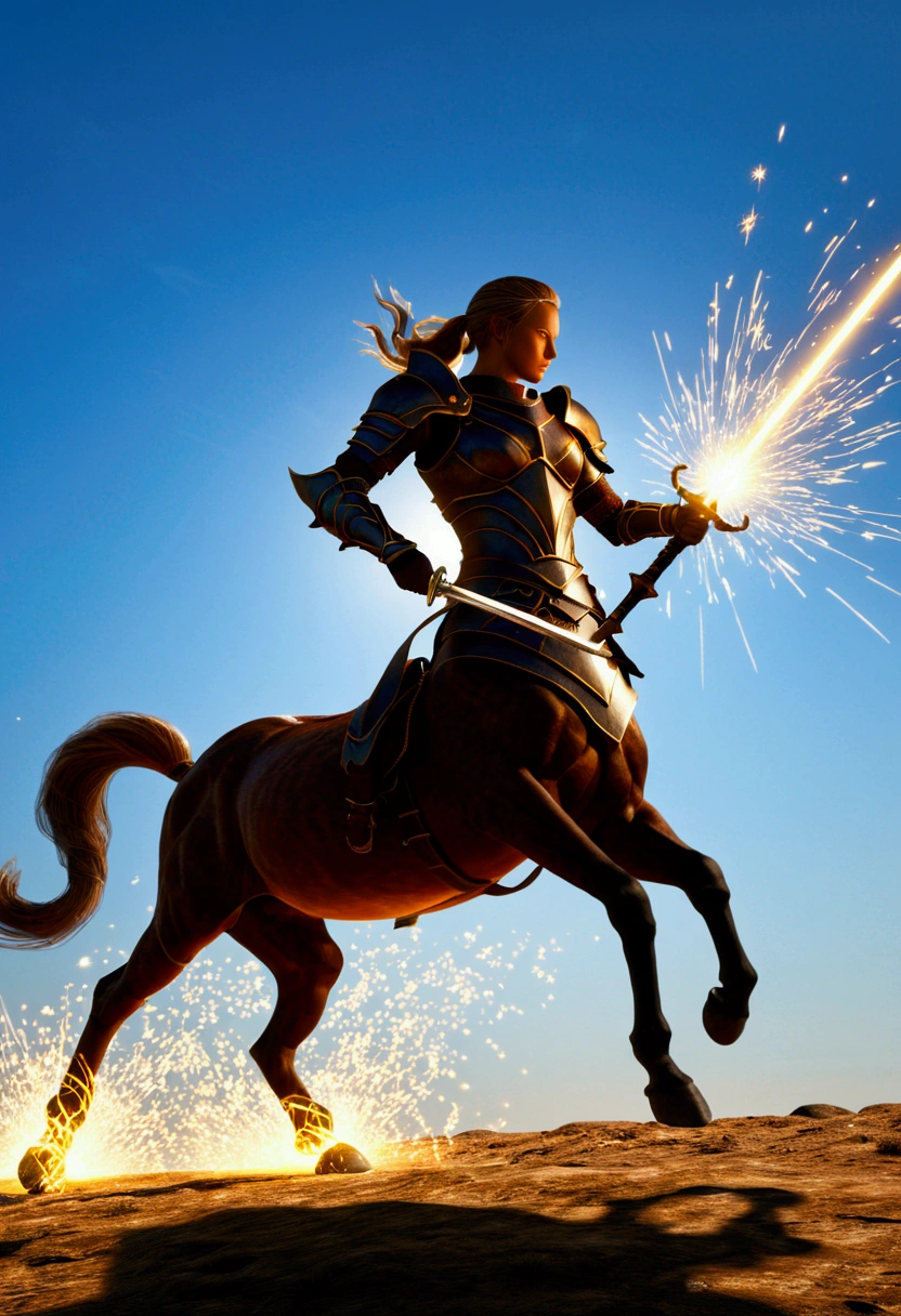 silhouette of a Centaur, Centaur-type warrior, Armor, Bouncing Pose, sword shines, battlefield, sparks, Backlight, (best quality, masterpiece, photorealistic), very aesthetic, perfect composition, intricate details, ultra-detailed, vivid colors