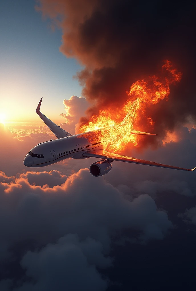 The plane catches fire in the sky at the level of the wing's engines and the windows