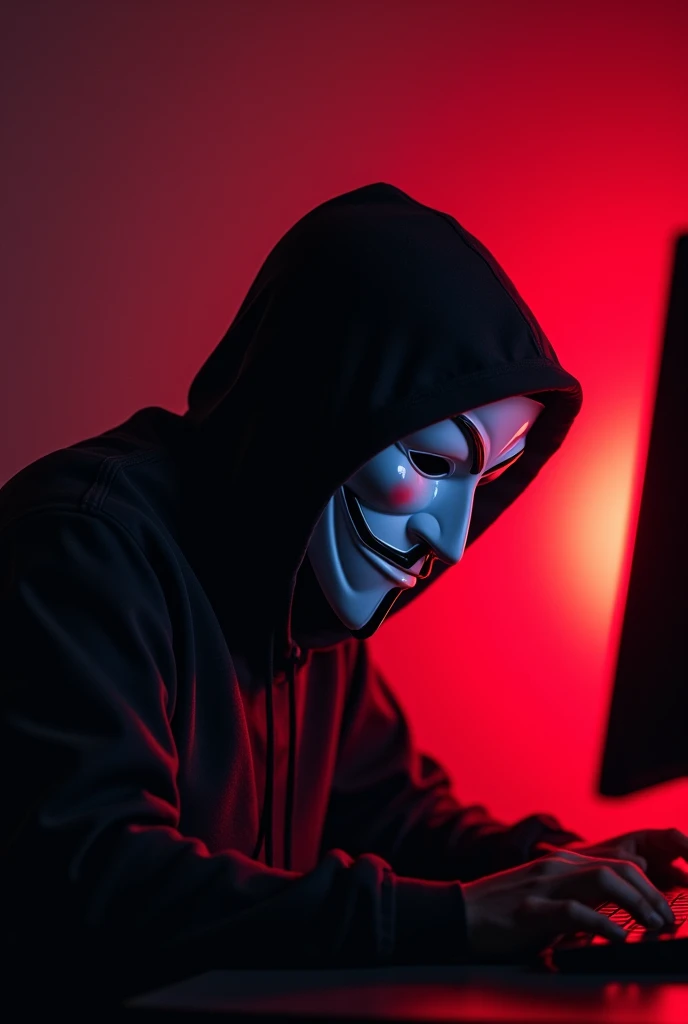 The animation man sit in the chair whit mask work in pc
And red danger lighting vfxbackground and look in front and the man face hides danger look in front