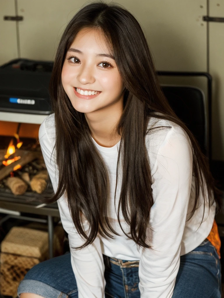 20 years old asian girl with long hair sit on camp chair, campfire, nightlife, smiling, red blouse, white socks, full body, brunette hair, beautiful girl, big boobs, (beautiful deatailled eyes:1.2), real human, ultra detailed, (texture:1.1) (realism:1.1)
