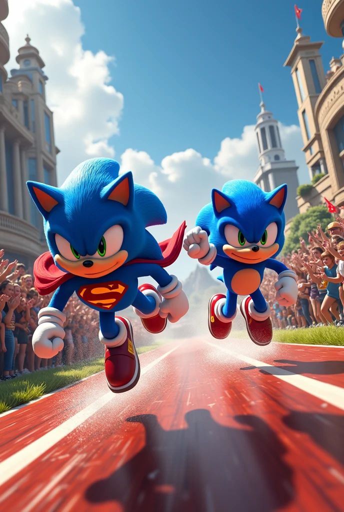 There is a race going on between Superman and Sonic. Many people have come to watch this race and they are happy.