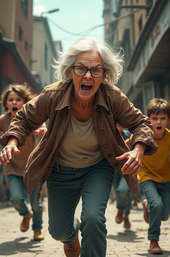 Angry old woman with glasses running away from children 