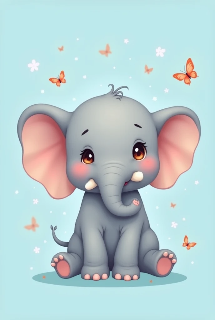 Illustrate an simple chibi grey elephant with every little detail defined to enhance the elephant. positioned in a playful pose facing sideways. The elephant's large, expressive eyes sparkle with innocence, and cute little elephant tusks on ots face. Surround it with little butterlys and a blank blue background. evoking a sense of wonder and magic