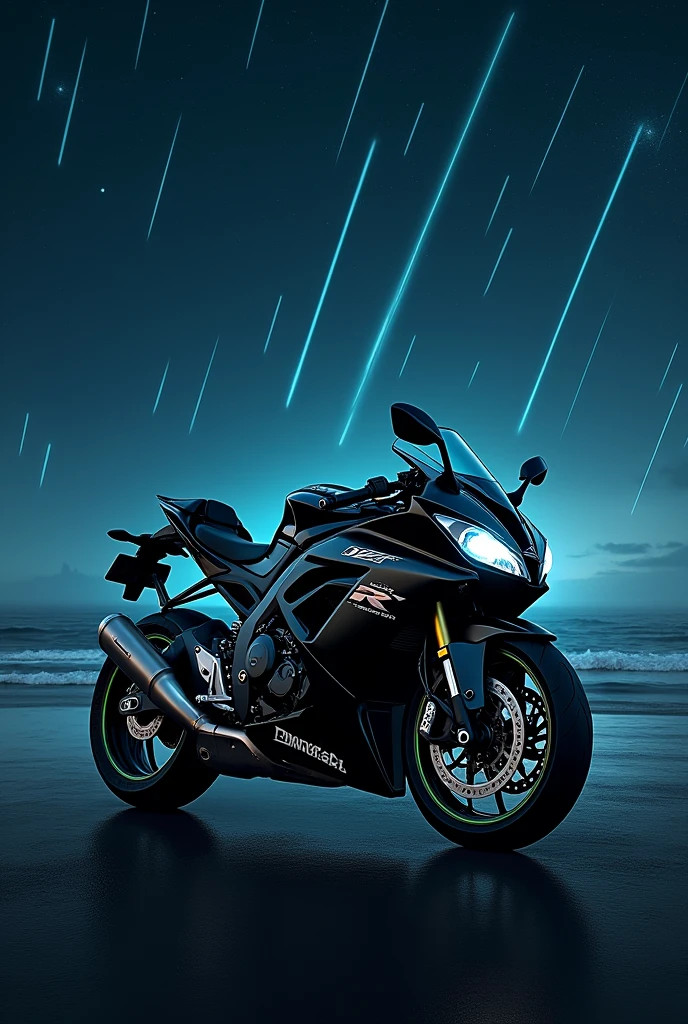 A Kawasaki h2r bike
standing in fornt of ocean in dark night behind lot of shooting star fall down