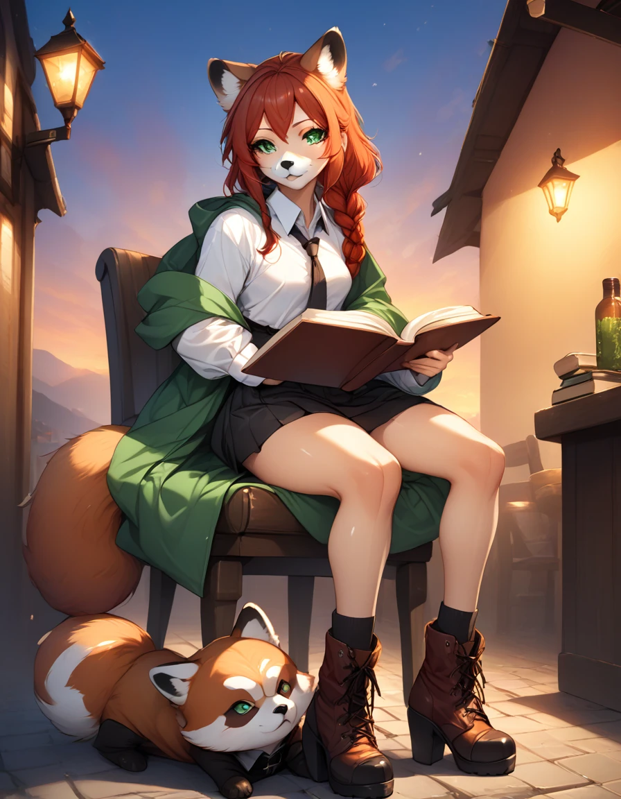 Solo, Score_9, score_8_up, score_7_up, kemono style, Kimiko, An Anthro furry red panda girl, red furry body, red panda tail, , black nose, red hair, braided hair, majestic, long legs, athletic arms and legs, green emerald eyes, toned legs, toned thighs, mid angle shot, tan rain coat, investigator coat, long coat, loose tie, white dress shirt, opened buttons, rolled up sleeves, sitting on a chair, resting arms over chair back, visible legs, black skirt, black leather boots with heels, armor on heels, knee guard, brown satchel slung over shoulder, sunset, reading book, candle for light, muscular arms and legs, writing in book, in tavern, night, sunset, orange sky, night, cross legged, holding pencil, writing in book, leaning forward, throne