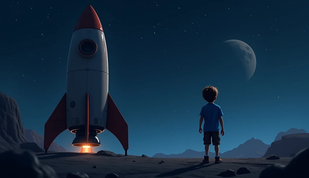Lucas, a boy in a blue shirt, getting off the rocket, looking at the sky still in darkness.