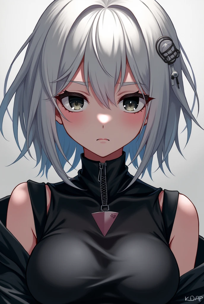 Female, anime style, bored expression, messy hair, white hair, black eyes, black clothing, small boob window, closeup on head, black fingerless gloves, no sleeves, mature expression,