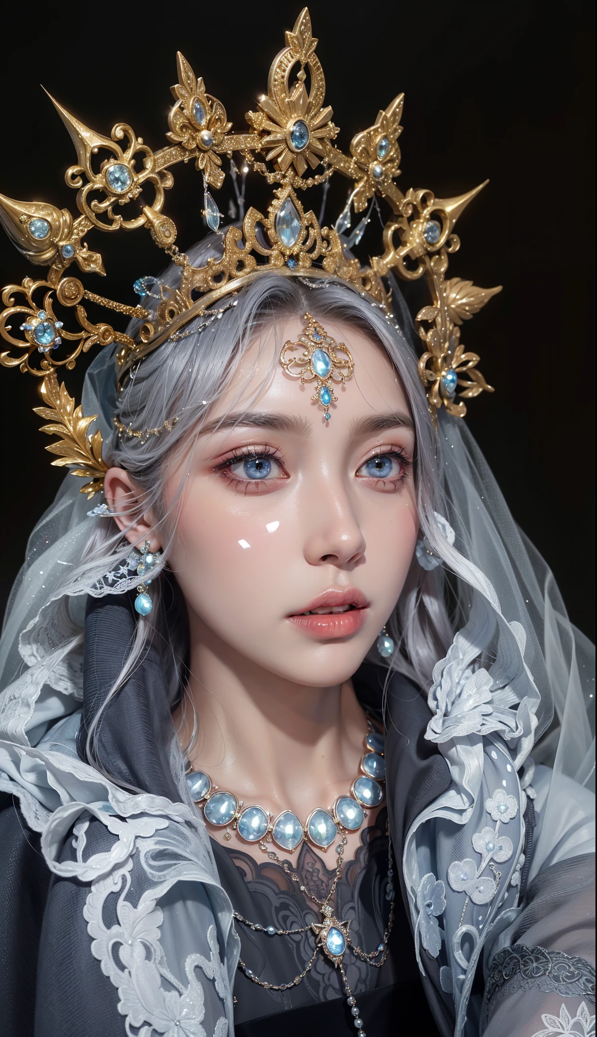 Royal sisters,Exquisite eyes,Frozen Queen,Put the crown on your head,Detailed facial expressions body,Tall and big,Glamorous characters,Leg length,4K,HD,Sensual,White translucent lace,白皙full image,Little cherry mouth,Beautiful and lovely,full image,Glossy Gel Coat,Vampire Queen in luxurious robes,Have a tattoo(Intricate tattoo designs),Ice Princess,Rich facial details,Angel,Eyes are blue(Pupils as deep as the starry sky),Silk printed clothes,Gold Jewelry,Wearing a wedding headdress