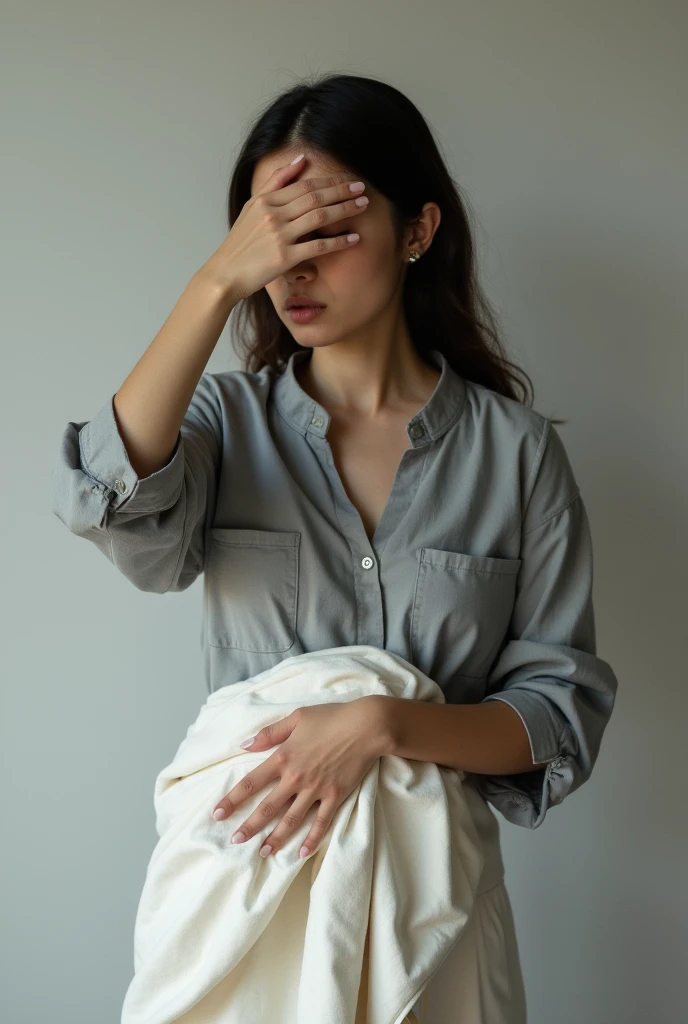 A woman wearing a gray shirt,Holding a white quilt in one hand,The other hand elegantly covers her eyes