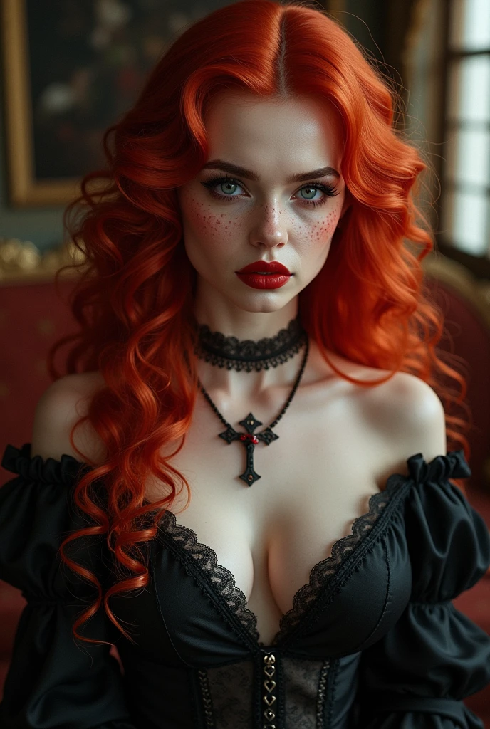 An incredibly beautiful toreador vampire, her hair is extremely red and her skin is white and delicate, she also has a lot of freckles, She is a powerful 6th generation vampire, She is Catholic and always wears her beautiful crucifix and heart necklace which is a gift from her beloved., she likes jewelry and high heels 