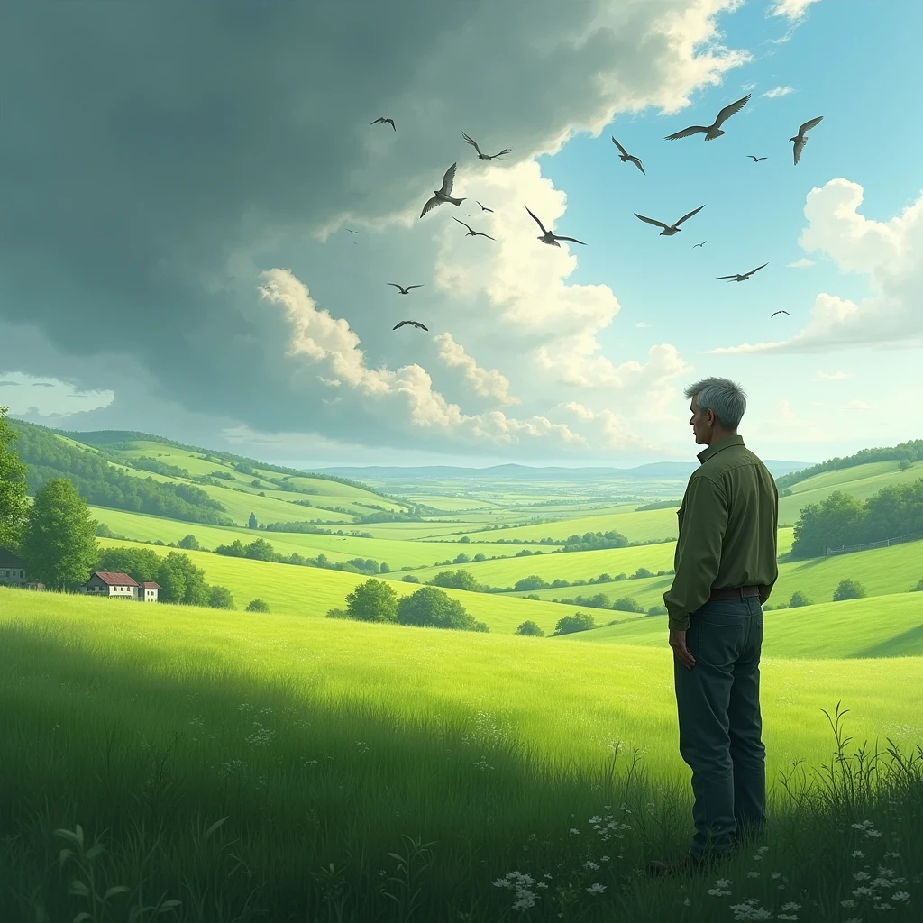 Depict a panoramic view of a farm in early spring, with a farmer standing at the edge of a field, gazing at the horizon where rain clouds are gathering. Birds are flying overhead, and the atmosphere is filled with the freshness of impending rain, signifying the hopeful anticipation of harvest.