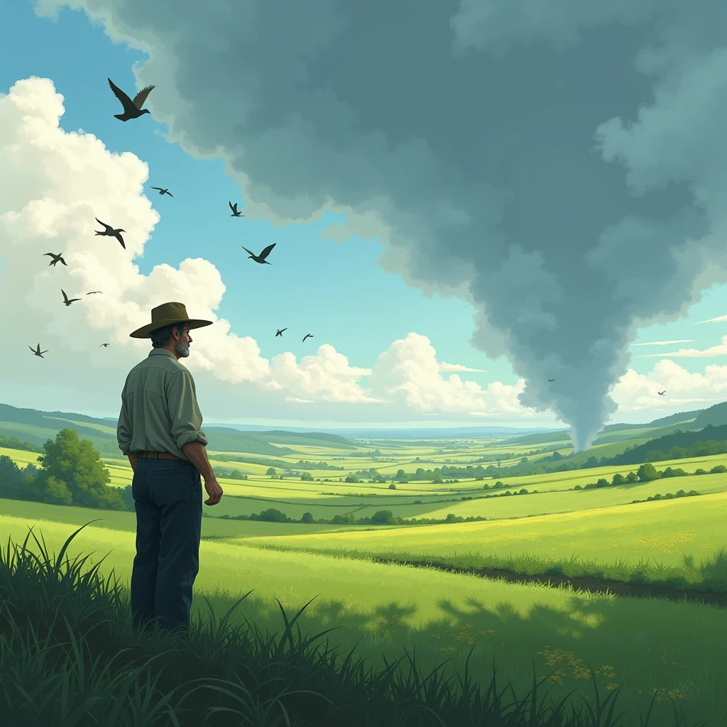 Depict a panoramic view of a farm in early spring, with a farmer standing at the edge of a field, gazing at the horizon where rain clouds are gathering. Birds are flying overhead, and the atmosphere is filled with the freshness of impending rain, signifying the hopeful anticipation of harvest.