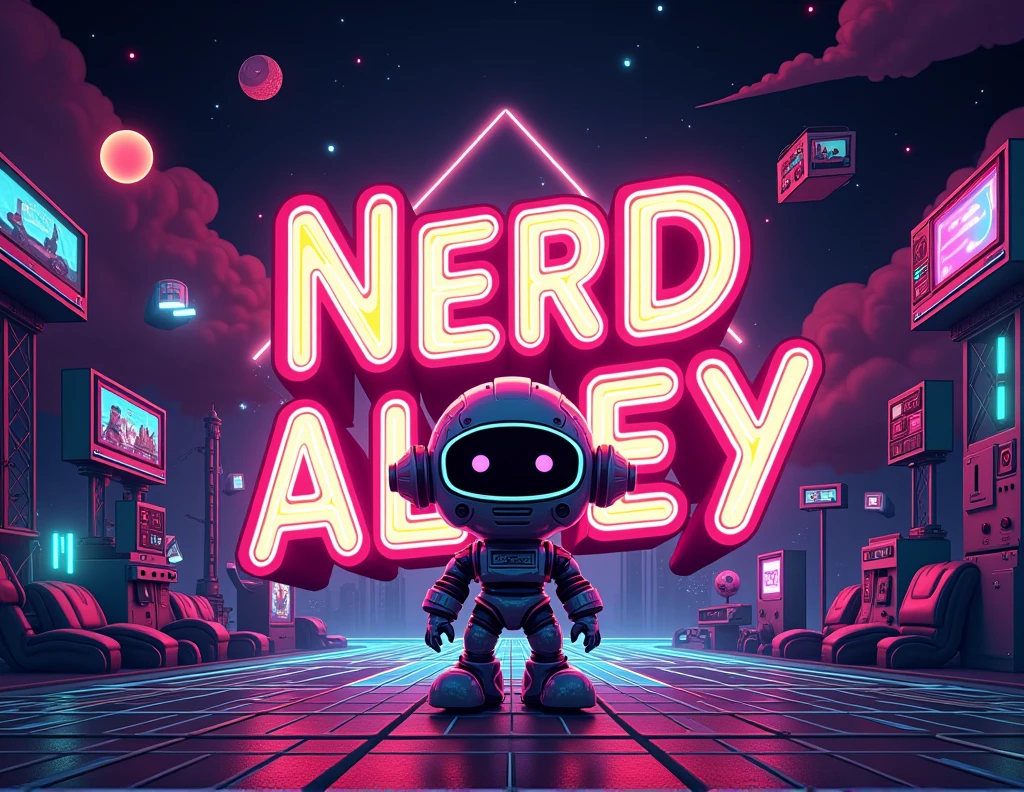 a banner with the title " A space for all lovers of the nerd universe!" and with these characteristics: Paleta de cores:
neon glowing: neon pink, Green Lemon, electric blue and vibrant purple.
sharp contrast: fund escuro (Black or Navy Blue).
Typography:
Retro style: 80s fonts with 3D outlines and shadows.
Neon Effect: Letters with glitter and gradients.
Graphic elements:
Pop Culture Icons: Video game consoles, comic book characters, Geek References.
geometric forms: stele, rays and circles.
fund:
Gradients and Textures: Night sky or sunset.
Retro Grid Style: Old game patterns.
Composition:
Visual balance: Balanced distribution of elements.
Center the Message: Name “Nerd Alley” highlighted with slogan below.
Additional Effects:
Brightness and Shadow: Effects that create depth.
Mascot or Character: A stylized robot or alien.
Format and Size:
Adequate Dimensions: For example, 600x1200 px para digital.
high resolution: Avoid pixelation.