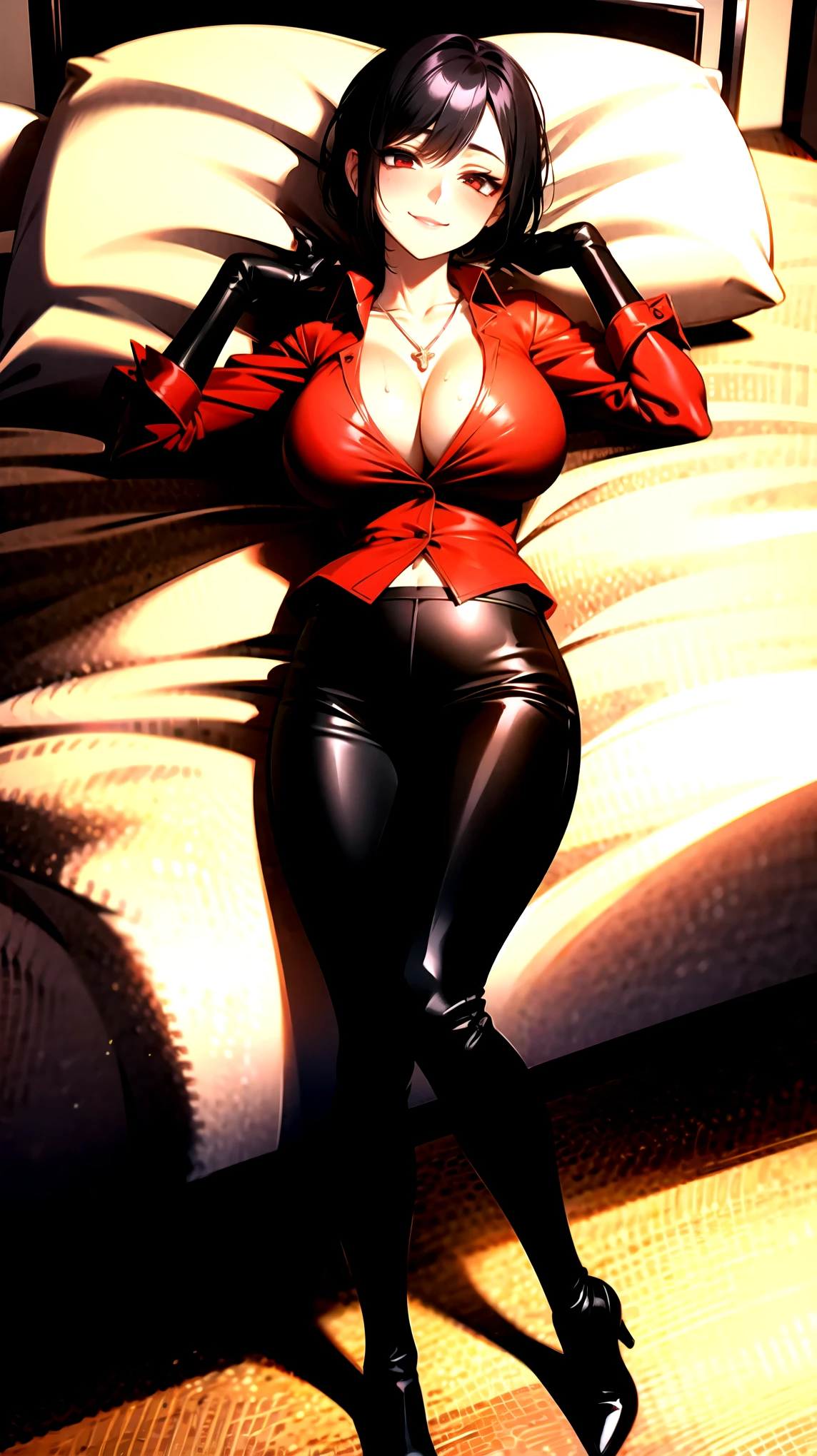 （（super high quality,））（（Ultra-high resolution,））（16K,）（super masterpiece,）（（Ultra HD ,））（Detailed shading,）Full body photo,One sexy mature woman,（（Red collared shirt,popped Tight collar,））Folded sleeves,Black long gloves,（Glossy black pants, Black long boots,）Black hair straight short,Sharp Eyes,blush,Sexy smile,Cleavage,Cross Necklace,（（Lying in bed,））Put your hands on your head,Body covered in sweat,