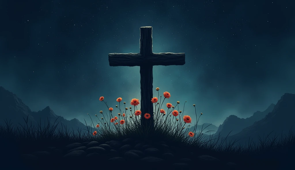 photo for gospel album cover with flowers sprouting from a cross bringing hope, the tones must be dark , blue and black, starry sky the image must have the dimensions to post on youtube