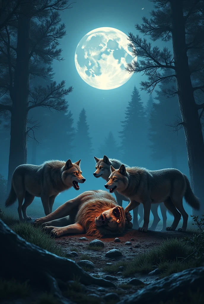Wolves devouring a dead lion without showing blood in the forest with a full moon