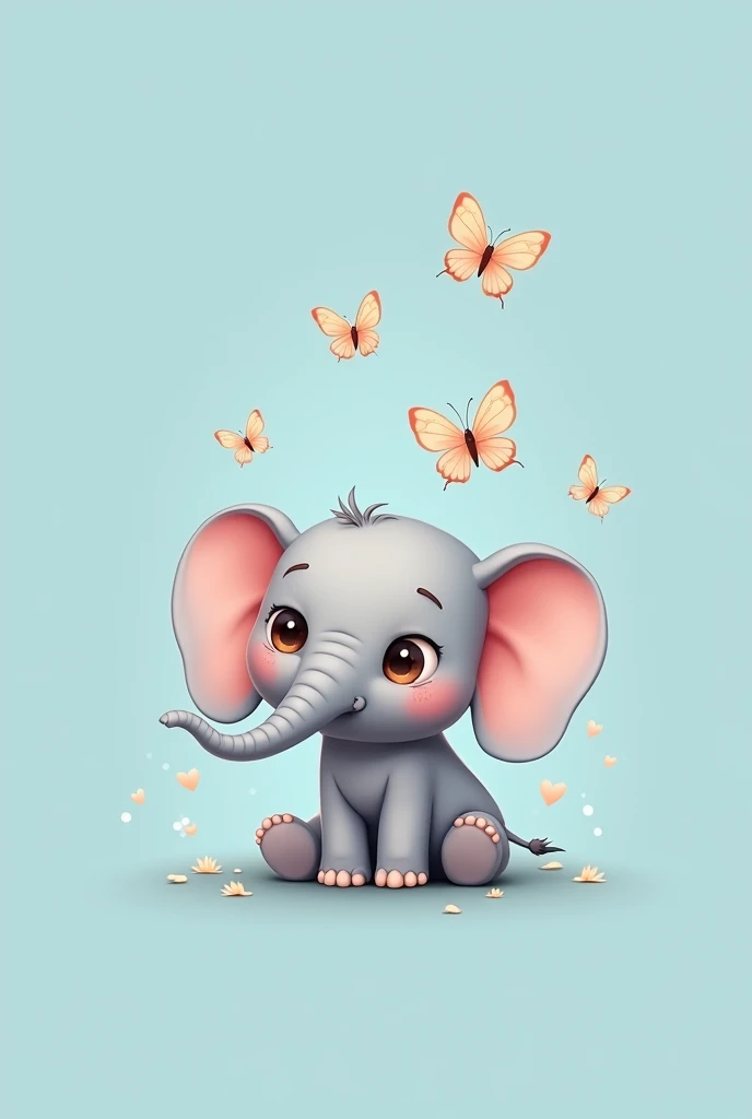 Illustrate an simple chibi grey elephant with every little detail defined to enhance the elephant. positioned in a playful pose facing sideways. The elephant's large, expressive eyes sparkle with innocence, and cute little elephant tusks on ots face. Surround it with little butterlys and a blank blue background. evoking a sense of wonder and magic