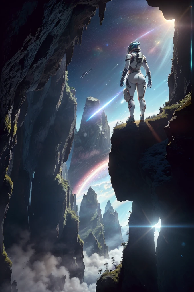 (35mmstyle:1.2), Highly detailed RAW color Photo, Rear Angle, Full Body, of sexy, well shaped (female space marine, wearing white and red space suit, futuristic helmet, tined face shield, rebreather, accentuated booty), outdoors, (standing on Precipice of tall rocky mountain, looking out at magical lush green rain forest on alien planet), vivid detail, (exotic alien planet), toned body, big butt, (sci-fi), (mountains:1.1), (lush green vegetation), (two moons in sky:0.8), (highly detailed, hyperdetailed, intricate), (lens flare:0.7), (bloom:0.7), particle effects, raytracing, cinematic lighting, shallow depth of field, photographed on a Sony a9 II, 35mm wide angle lens, sharp focus, cinematic film still from Gravity 2013, viewed from behind, dynamic angle