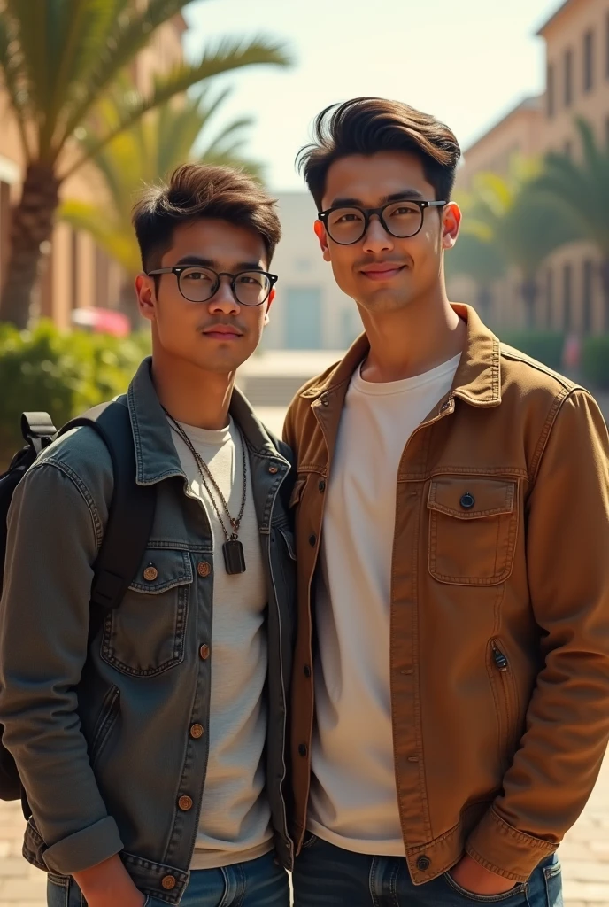 (photorealism:1.2), two beautiful mans, glasses, "peruvians", 20´s, university, tall, short hair, no beard, casual clothing, engineers, soft lighting, relaxed pose, realistic, intricate details, warm colors