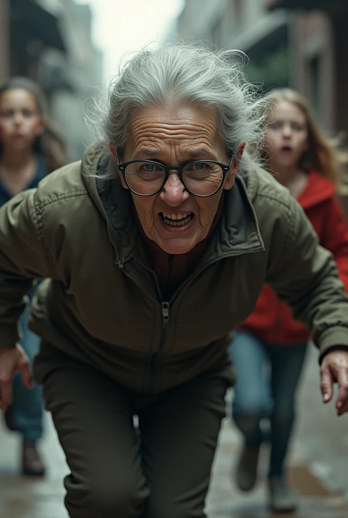 Angry old woman with glasses running away from the believing children