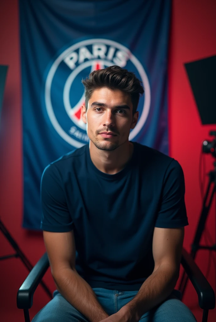 The young man wearing a dark blue t shirt sitting on a chair looking straight to the camera with cinematic YouTube studio with real Paris Saint Germany
football flag,