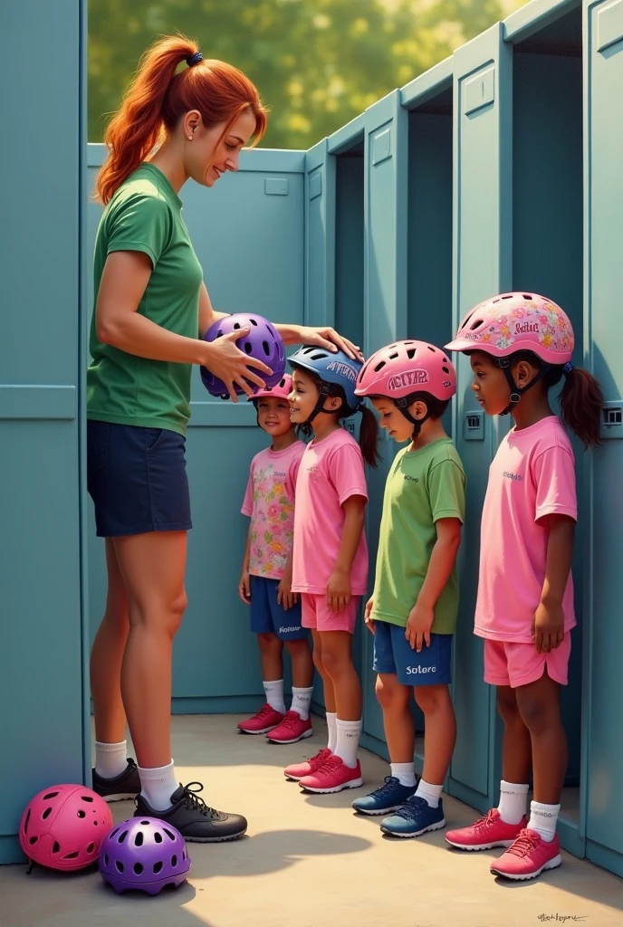 A modern realistic oil painting of a woman soccer coach with a pile of bike helmets next to her in a changing shed. Children aged three years old without bike helmets, wearing pink and green soccer uniforms, are lining up to have their bike helmets put on their heads so they can play soccer. A girl aged three years old with black hair and dark skin is wearing a pink flowery bike helmet, ready to play soccer, standing at the front of the line. The rest of the children are lined up behind her not wearing bike helmets but waiting to have their bike helmets put on their heads. The woman is putting a purple bike helmet on a girl with red hair who is standing right behind the girl at the front of the line. The woman with the pile of bike helmets is near the front of the line holding a purple bike helmet in her hands over the head of a girl with red hair who is next in line to have her bike helmet put on her head so she can go and play soccer, with the bike helmets looking like real bike helmets. Include only seven children in the scene and a small pile of bike helmets from the kids' homes, with each helmet having the name tag of the corresponding child. And have a mother who has already prepared her daughter for soccer a girl with blonde hair wearing a purple bike helmet with red roses on it and wearing a pair of green shorts and a pink and green striped soccer jersey