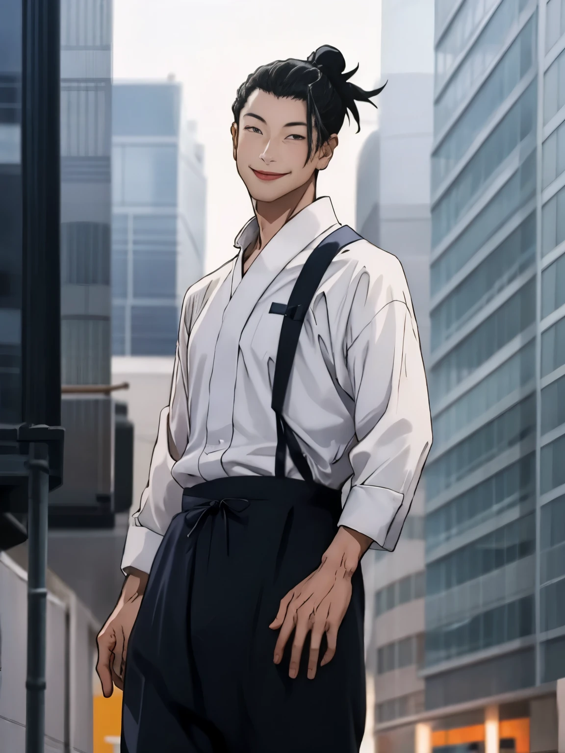 1boy,Geto suguru, Wave hands,smile,black eyes,white shirt, Walking in the city, at night,hair tied,half body photo