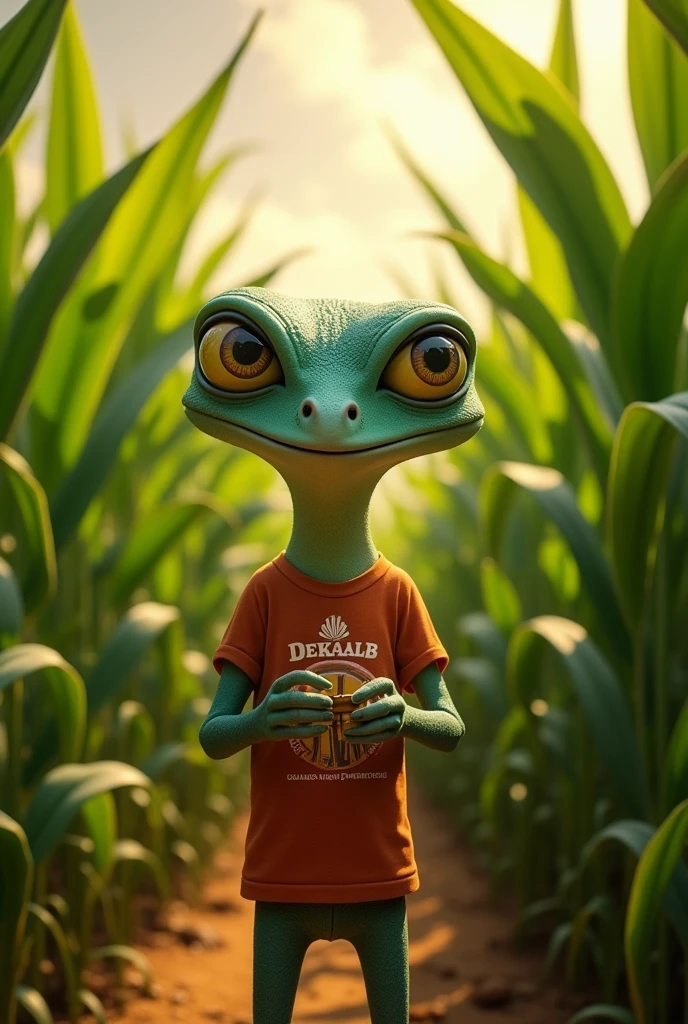i would like an image of a character of 'Rango the movie' standing in the middle of a cornfield. The character should be holding manual counters, like the ones used to count objects or people. The environment should be detailed, with tall, green corn, and the character should be in a pose that reflects that they are counting something important in the field. Additionally, please include a logo of the Dekalb brand in the lizard’s shirt