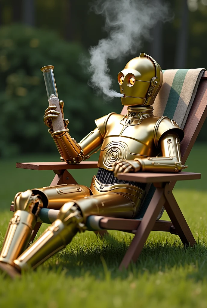 C-3PO smoking a bong on a lawn chair