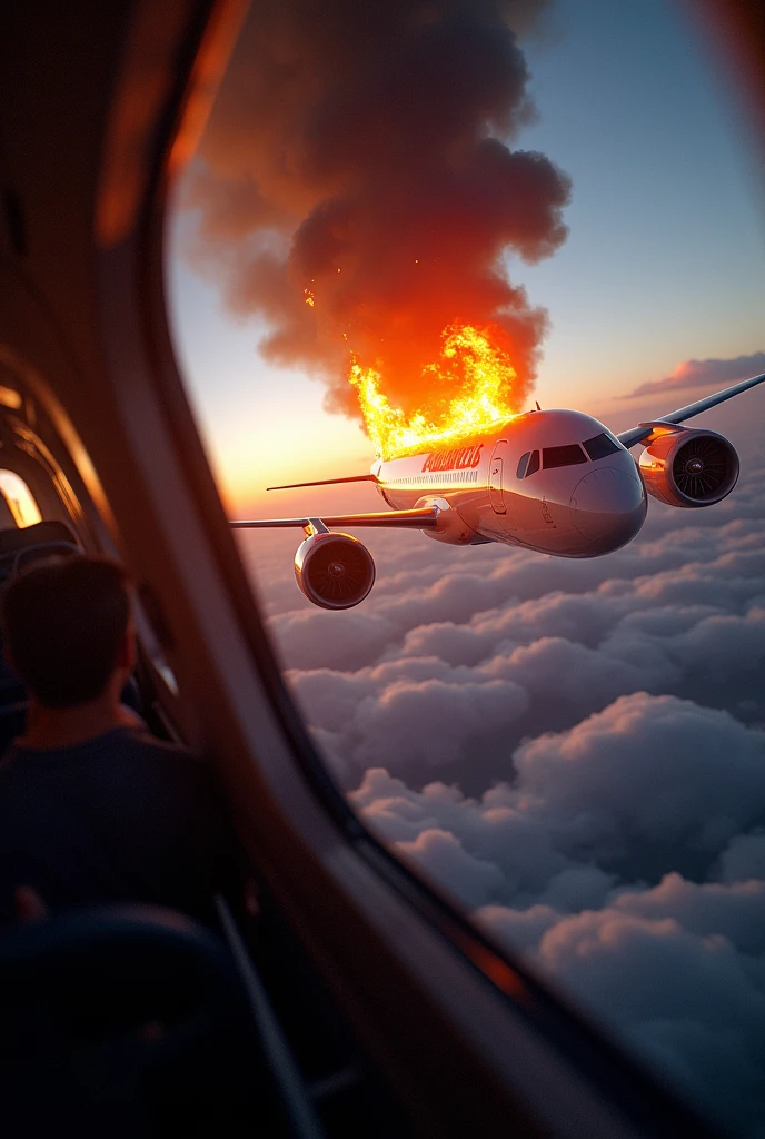 The plane catches fire in the sky at the level of the wing&#39;s engines and the windows