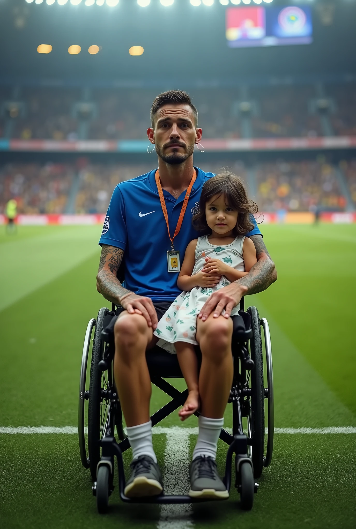 Javier, 2 Colombian man - Thin body due to his Leukemia - Tattooed arms - Soccer field stadium - With a blue shirt, his favorite team - Ear plugs - Short hair - Dark circles under his eyes - Sitting in a wheelchair - Looking at the camera to speak directly and his daughter to  sitting on his laps   

 
