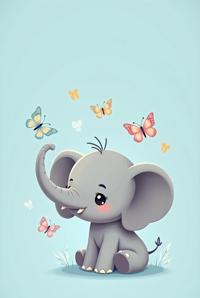 Illustrate an simple chibi grey elephant with every little detail defined to enhance the elephant. positioned in a playful pose facing sideways. The elephant's large, expressive eyes sparkle with innocence, and cute little elephant tusks on ots face. Surround it with little butterlys and a blank blue background. evoking a sense of wonder and magic