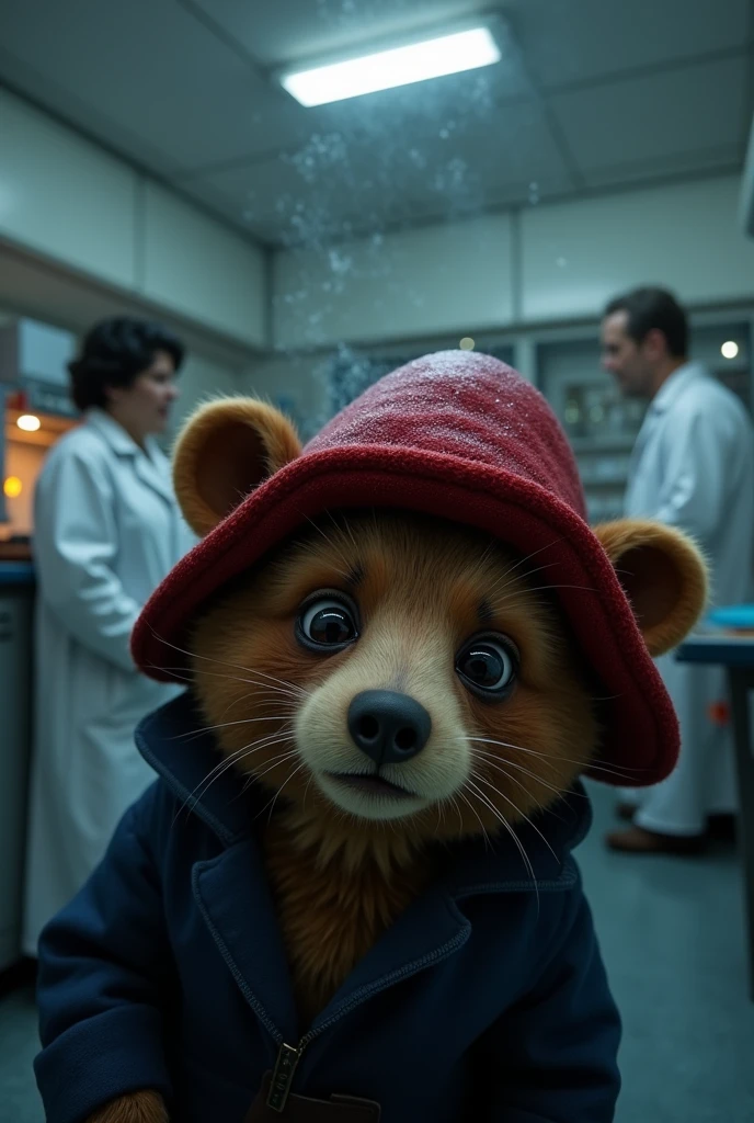 The camera shows Paddington's terrified expression as Millicent begins to work., his face illuminated by the cold light of the laboratory.