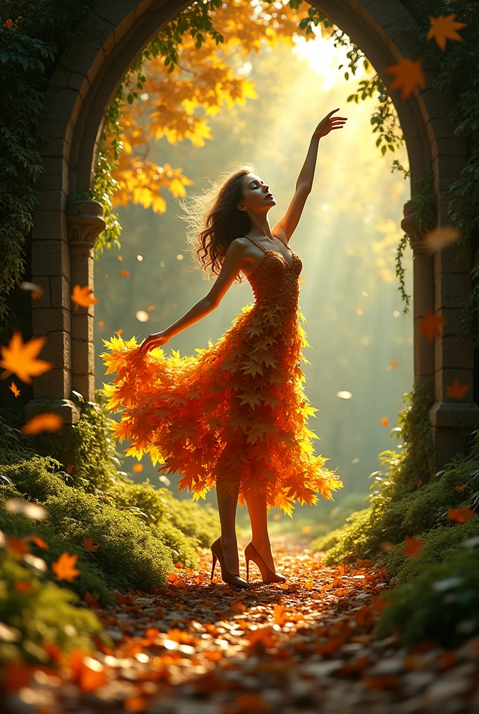 A whimsical large figure composed of delicately arranged autumn leaves , beautiful Russian girl poised in a carefree dance in an old moss - covered setting against the backdrop of a lush , vibrant forest , where sunlight streaming through above casts intricate shadows . The overall aesthetic is ethereal , with warm , earthy tones of amber and olive green , along with hints of emerald and golden light , creating a sense of wonder and enchantment , as if plucked from a fantasy realm