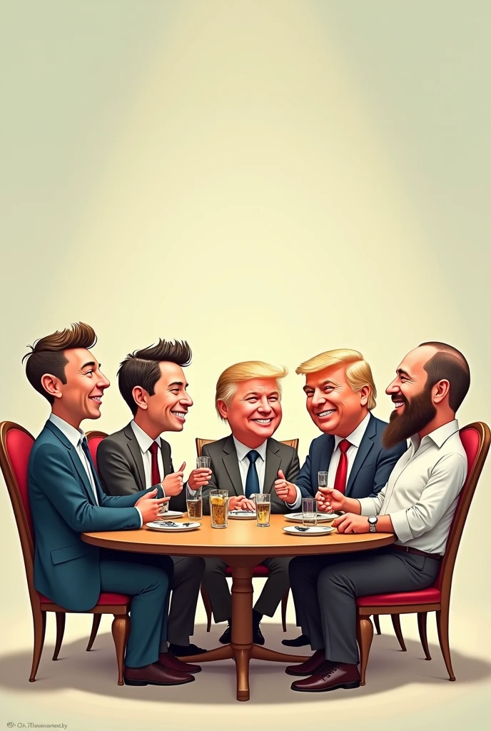 generate an image of andrew tate, tristan tate, elon musk, jordan peterson, donald trump, putin and jesus sitting at a table. all smiley faces.