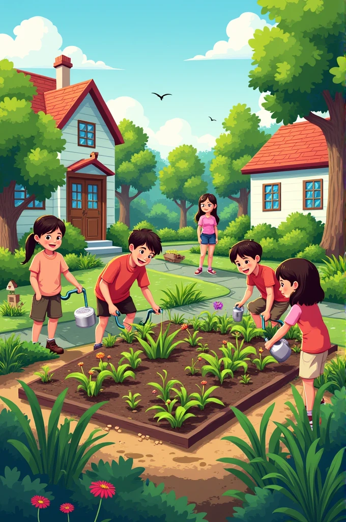 Create me a cartoon of Green Area Maintenance:
In the image, Several students are taking care of a garden inside the school. Some are watering the plants with hoses, while others are removing weeds or turning soil. The flowers and trees look well cared for and the garden looks vibrant and colorful..