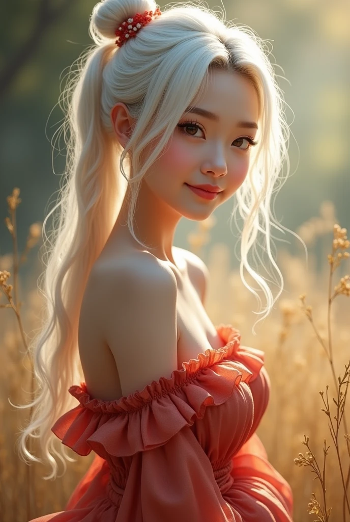 (Very realistic)、beautiful asian woman、sexy、Scalability beauty high resolution high resolution realistic、Young woman、((Big big))、Fine texture、超high resolution、realistic、Voluptuous figure、beautiful expression、ponytail、soft hair、white hair、smile、Great happiness、Excited big red lips、Very delicate and fine texture、Women in agriculture、Very very big butt、not wearing clothes、nude、pornographic、Get fucked
