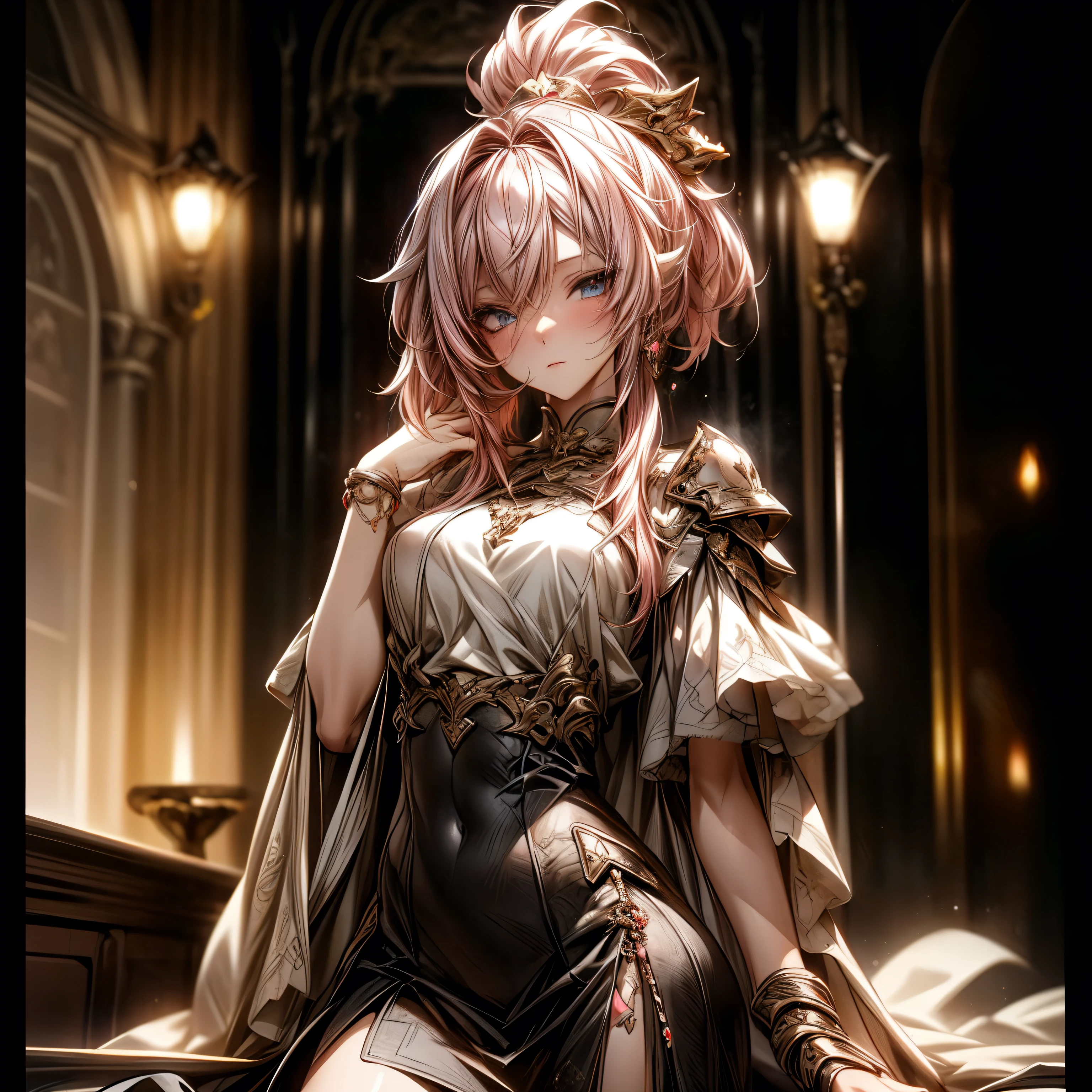 (best quality)), ((Masterpiece)), (details:1.4), 3d, HDR (high dynamic range), an image of a beautiful cyberpunk female, medieval, fantasy, Cyberpunk, Pink hair, High ponytail, Full body, Beautiful white eyes, จมูกโด่ง, ปากแดง, หน้าอกใหญ่, nvidia RTX, PBR surface, After processing, Anisotropic filtration,depth of field, Maximum clarity and clarity, multi-layered surface, Subsurface scattering, perfect proportions, 8K raw files, ultra detailed, Perfect proportions, volumetric lighting, soft lighting, Holy Paldin, Heavy Silver Armor, Golden dress, glossy skin, Castle background, jewely, ต่างหู, นิ้วมือสมบูรณ์, mini Black skirt,