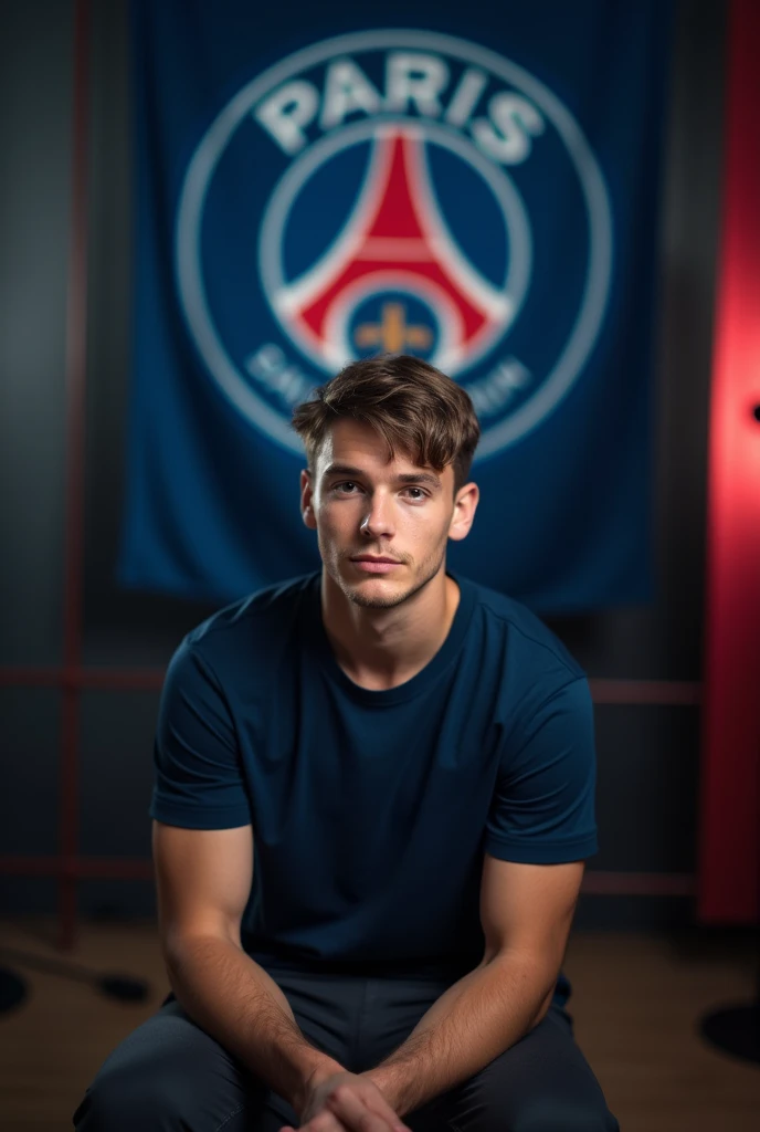 The young man wearing a dark blue t shirt sitting on a chair looking straight to the camera with cinematic YouTube studio with real Paris Saint Germany
football flag,