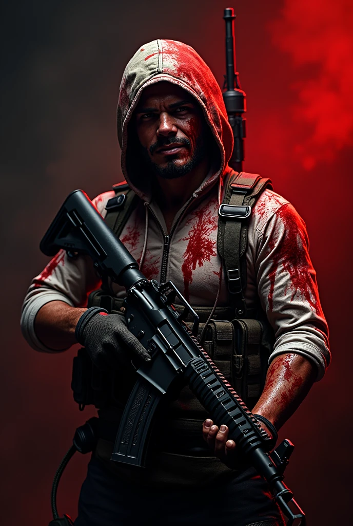 A scary wounded solder holding a m416 and the photo should be like logo of pubg a deadly type in red and blak theam a little closer a little dark