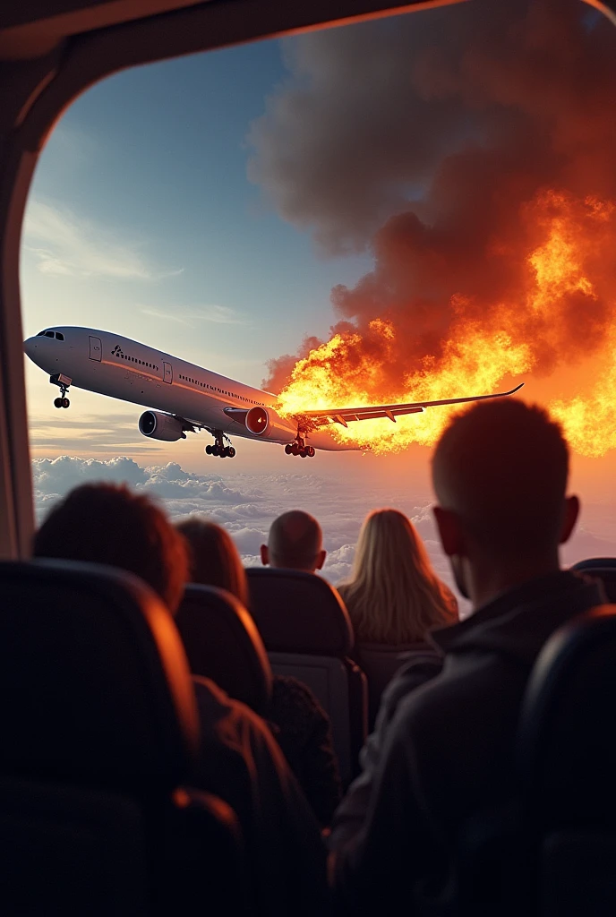 The plane catches fire in the sky at the level of the wing's engines and the windows