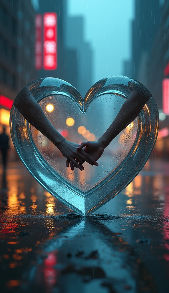 Rain landscape、City、3D glass open heart、Neon color、In the glass heart, there are arms holding hands、Fantasy、romantic、high resolution、Wide angle、distinct、Real、vivid、beautiful、masterpiece、Light and shadow details、The water is clear and shiny、The water faithfully reflects the scenery、